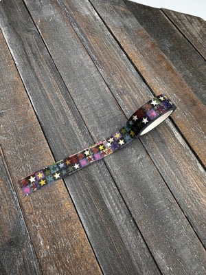 Collage Soup Starlight Spectrum Washi Tape | Rainbow Grid with Silver Foil Stars for Journals, Tags & Collage