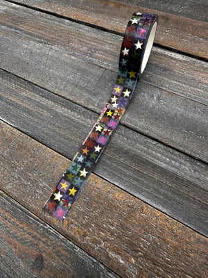 Collage Soup Starlight Spectrum Washi Tape | Rainbow Grid with Silver Foil Stars for Journals, Tags & Collage