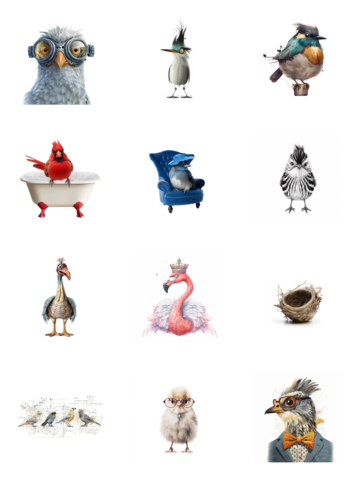 Bird Nerd Paper Bites — contact sheet of every piece in the set on white