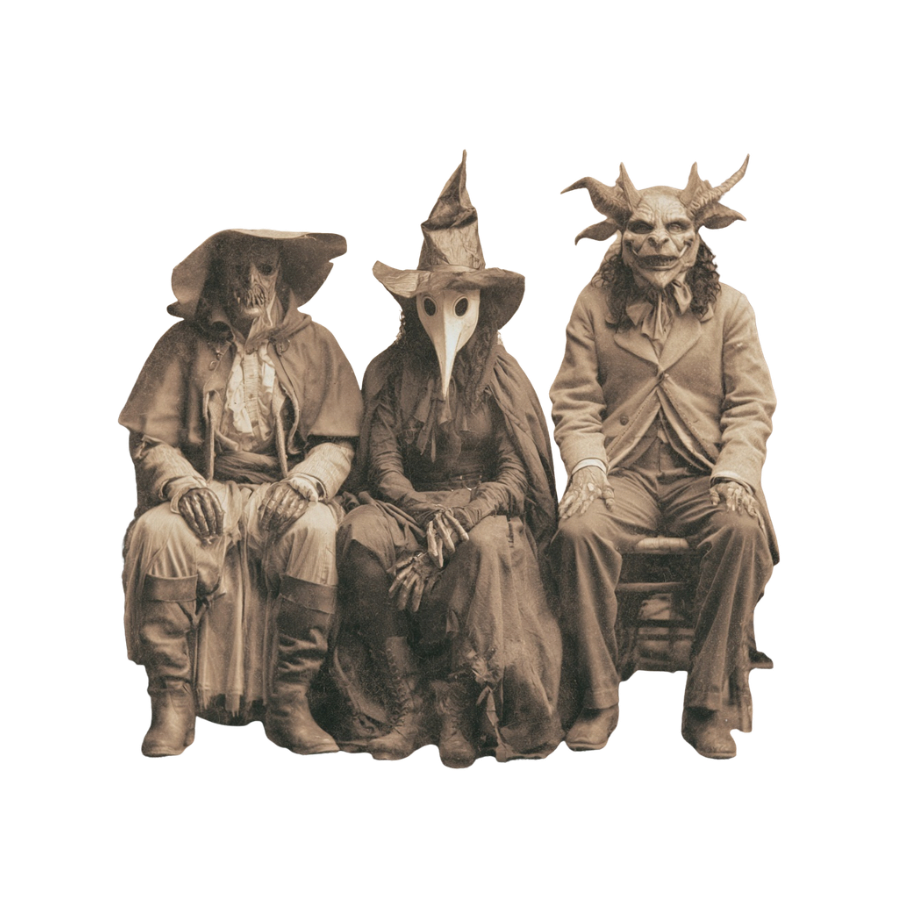 Case No. 1031 Digi-Bites — three masked figures in plague and animal masks seated in a vintage photo