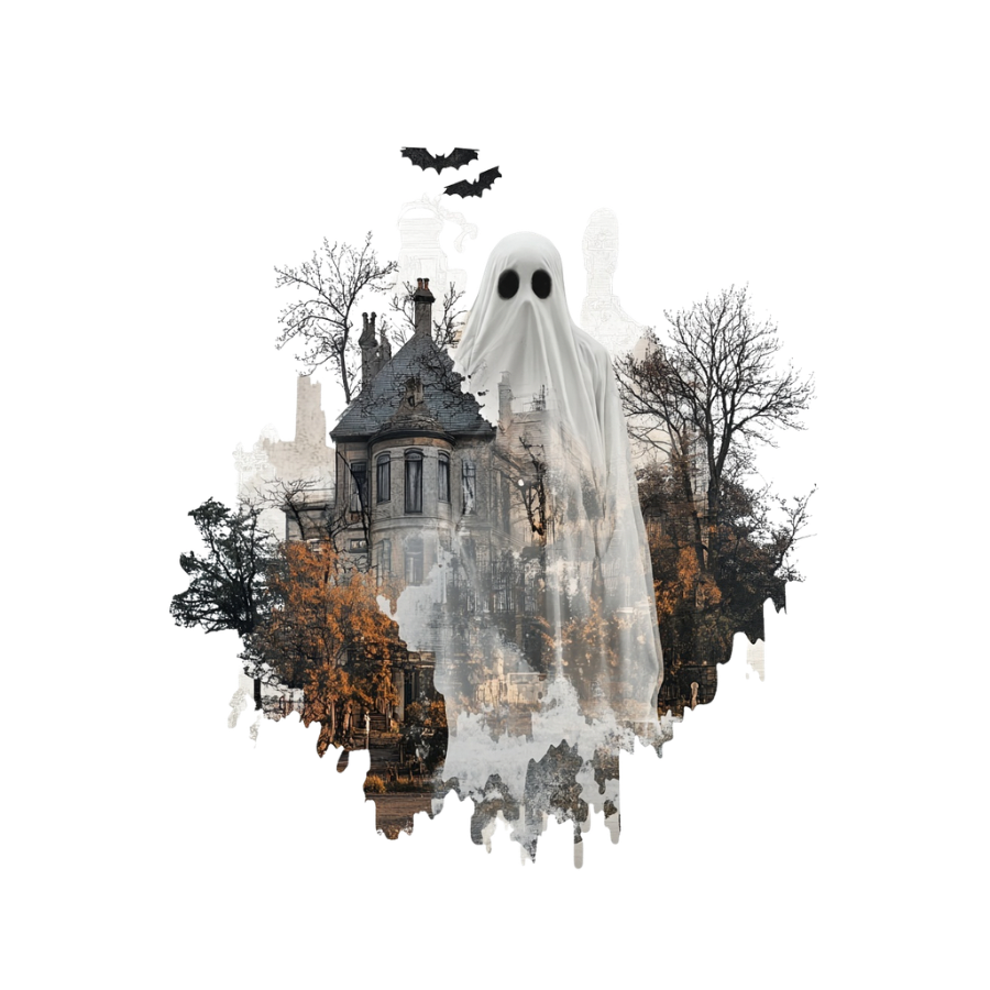Case No. 1031 Digi-Bites — ghost floating over a haunted mansion in autumn trees