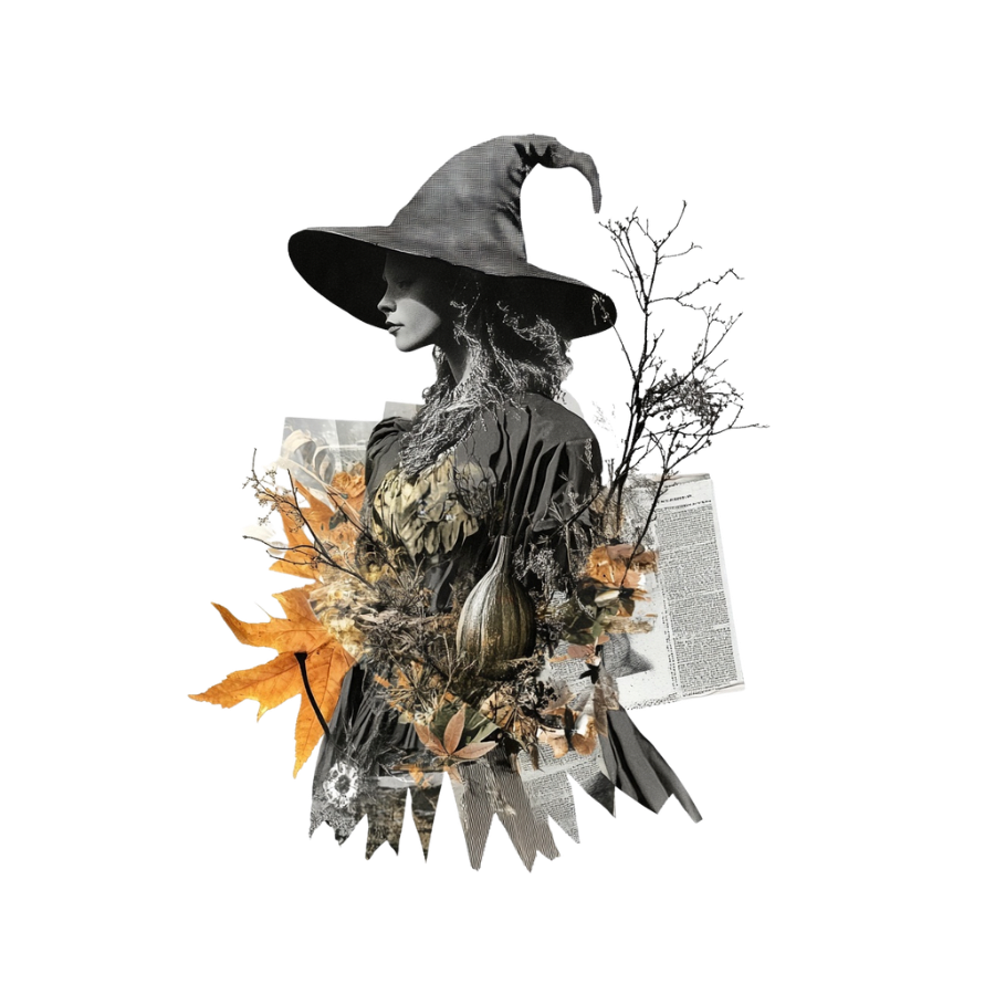 Case No. 1031 Digi-Bites — witch in profile with dried botanicals and newsprint