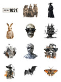 Case No. 1031 Digi-Bites — contact sheet of all 12 Halloween images on white: moth, bat, witches, mummy, ghost, haunted houses, masked figures and a skull in sunglasses