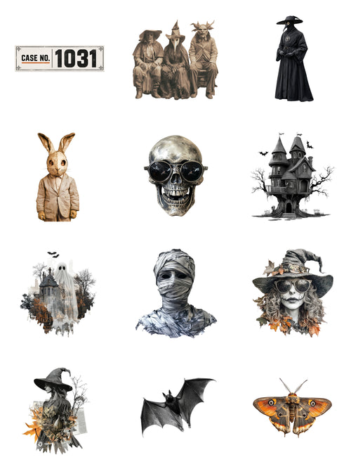 Case No. 1031 Digi-Bites — contact sheet of all 12 Halloween images on white: moth, bat, witches, mummy, ghost, haunted houses, masked figures and a skull in sunglasses
