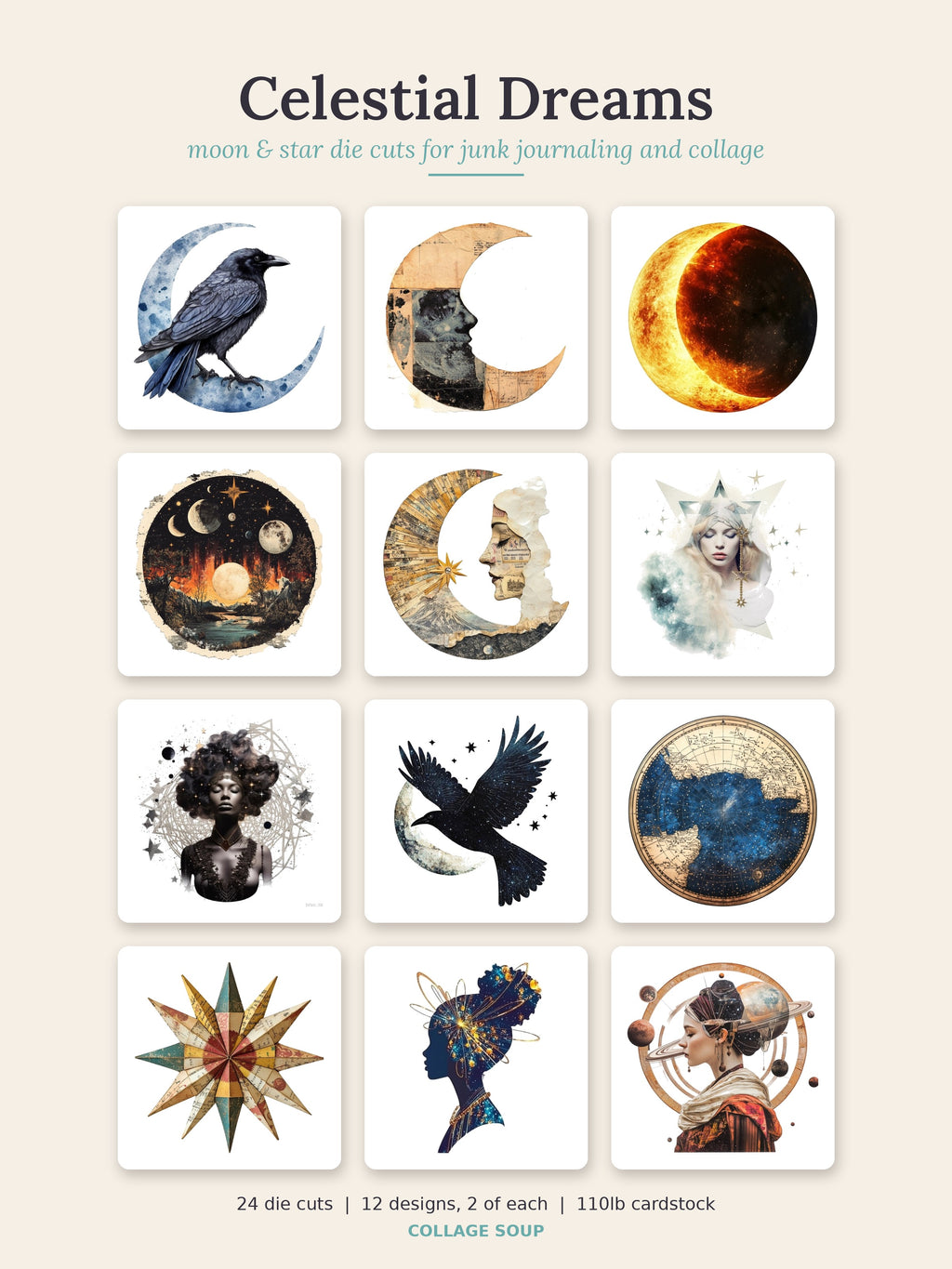 Contact sheet titled Celestial Dreams with twelve moon and star die cuts: crescents, ravens, an eclipse and women