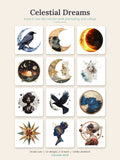 Contact sheet titled Celestial Dreams with twelve moon and star die cuts: crescents, ravens, an eclipse and women