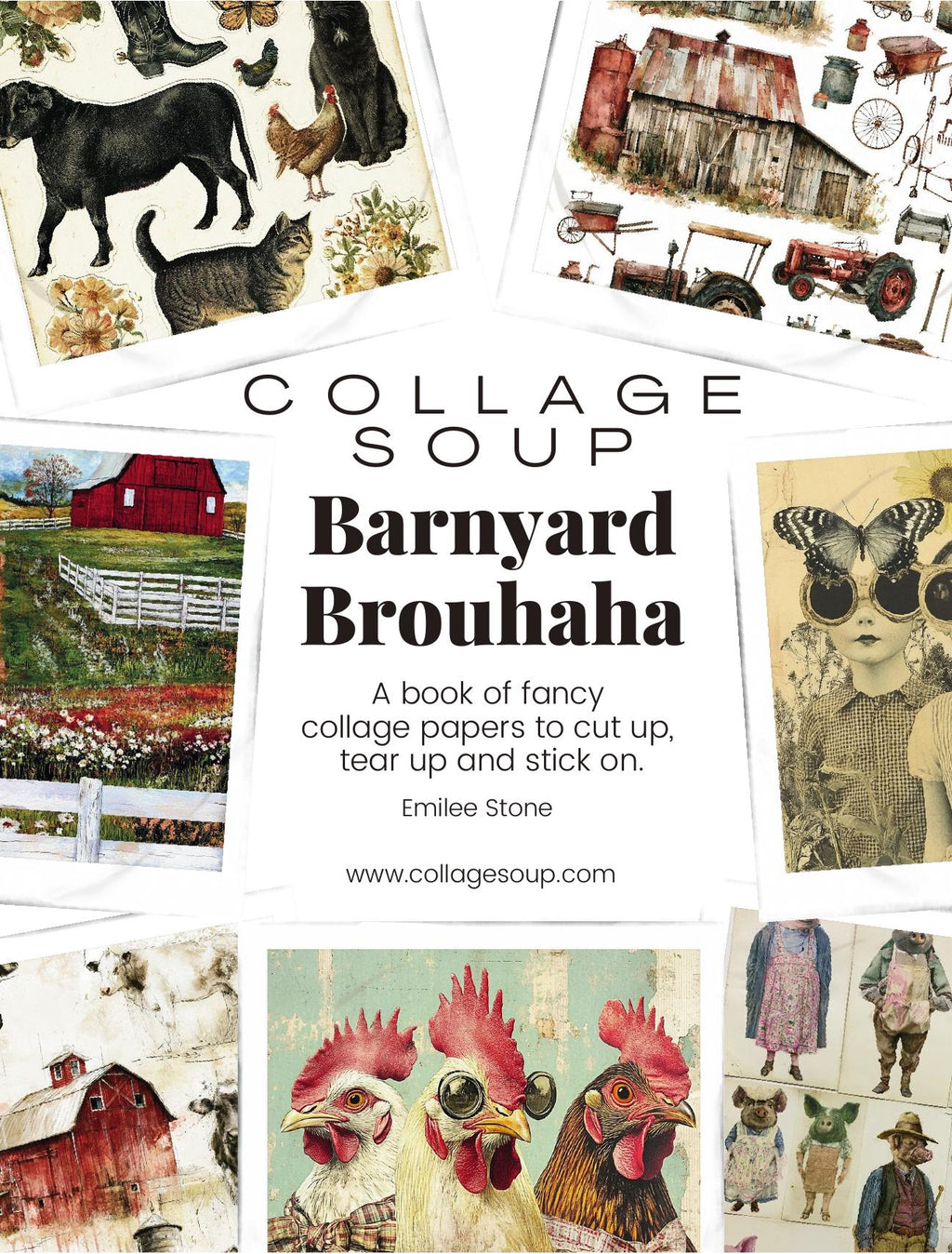 Barnyard Brouhaha cover: flower-crowned cows, fancy hens and barnyard collage papers