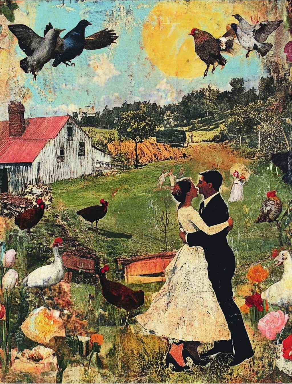 Barnyard Brouhaha sample page: vintage barn scene with dancing couple, hens and flowers