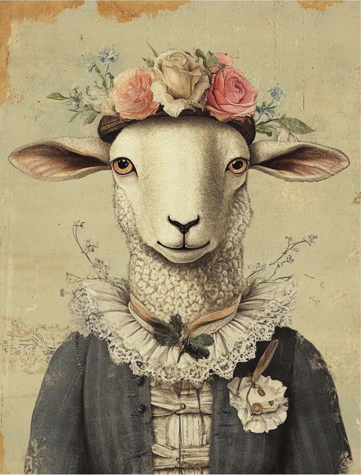 Barnyard Brouhaha sample page: flower-crowned sheep in a lace collar