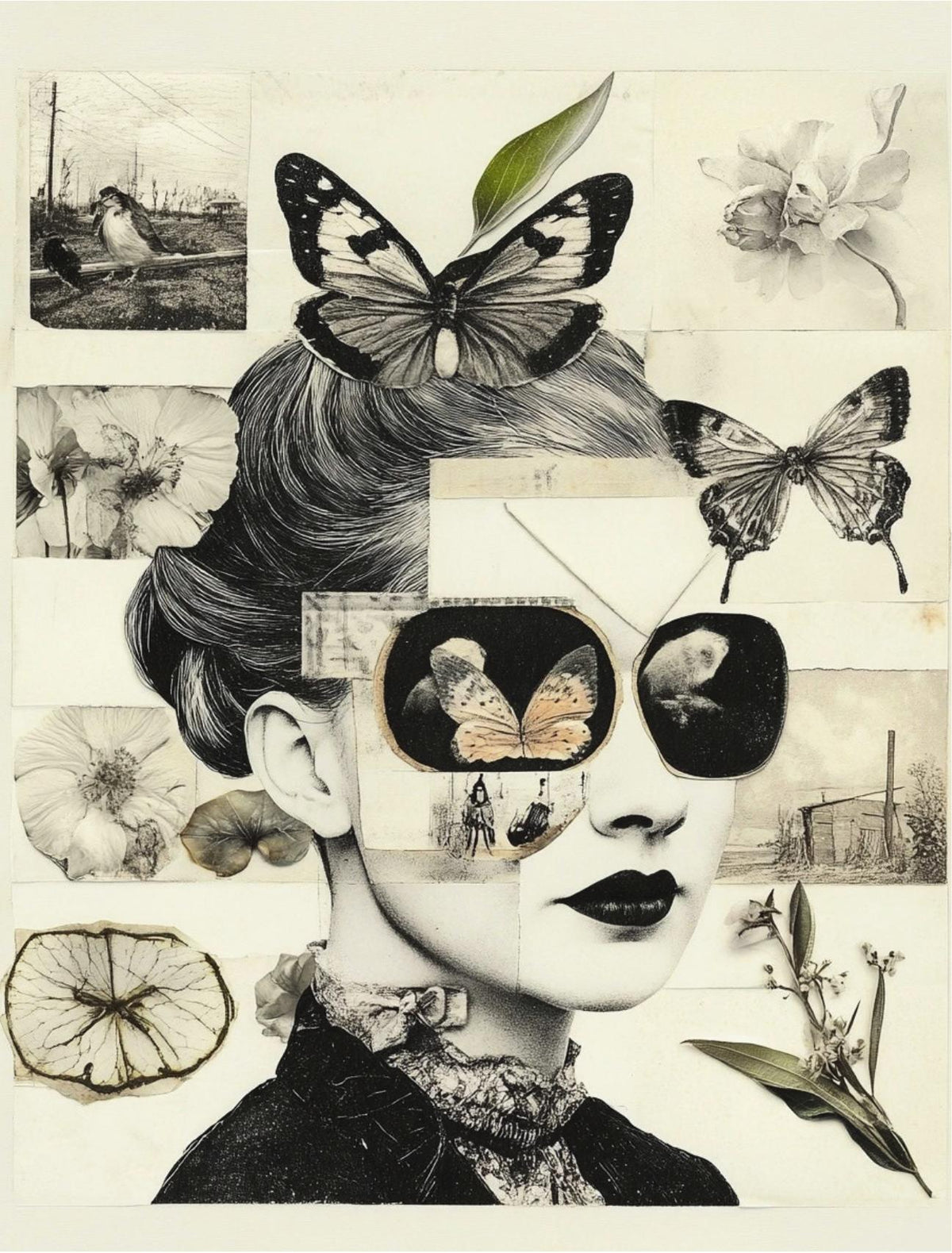 Barnyard Brouhaha sample page: portrait collage with butterflies and flowers
