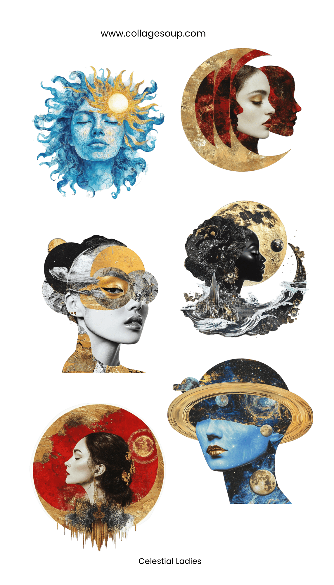 Collage Soup Celestial Ladies – 6 Kiss-Cut Vinyl Stickers (Each 1.75”)