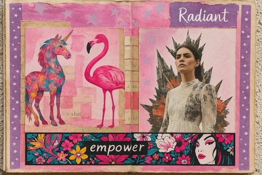 Curious Collage Society n° 1026 (Projet) Créer une double page de journal créatif à plusieurs niveaux avec Journal Girly – 3 pages