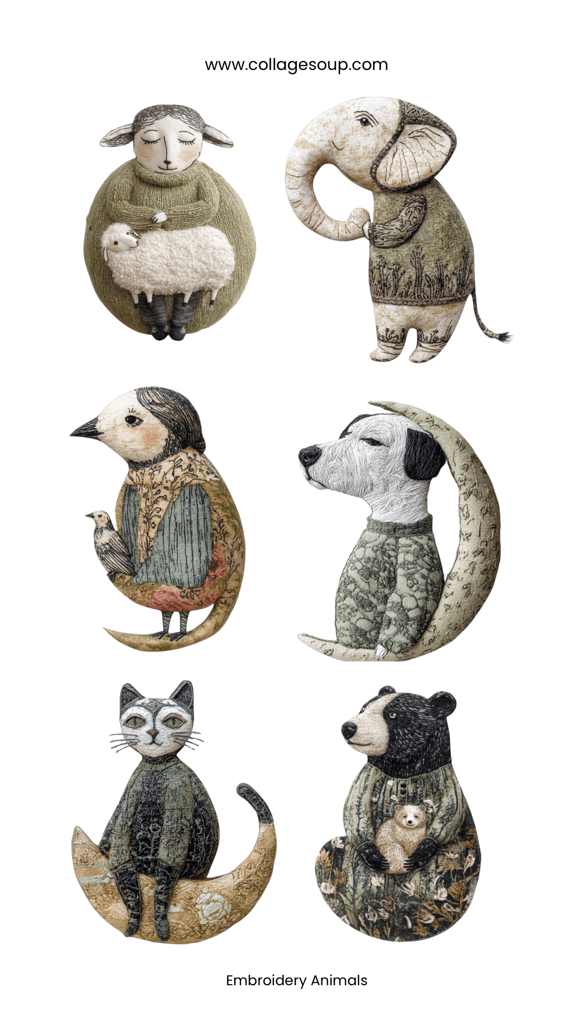 Collage Soup Embroidery Animals – 6 Kiss-Cut Vinyl Stickers (Each 1.75”)