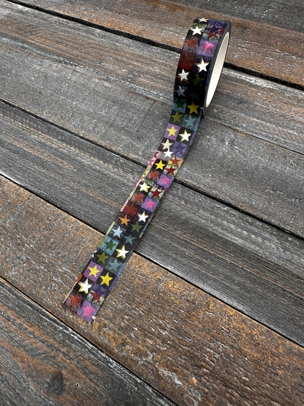 Collage Soup Starlight Spectrum Washi Tape | Rainbow Grid with Silver Foil Stars for Journals, Tags & Collage