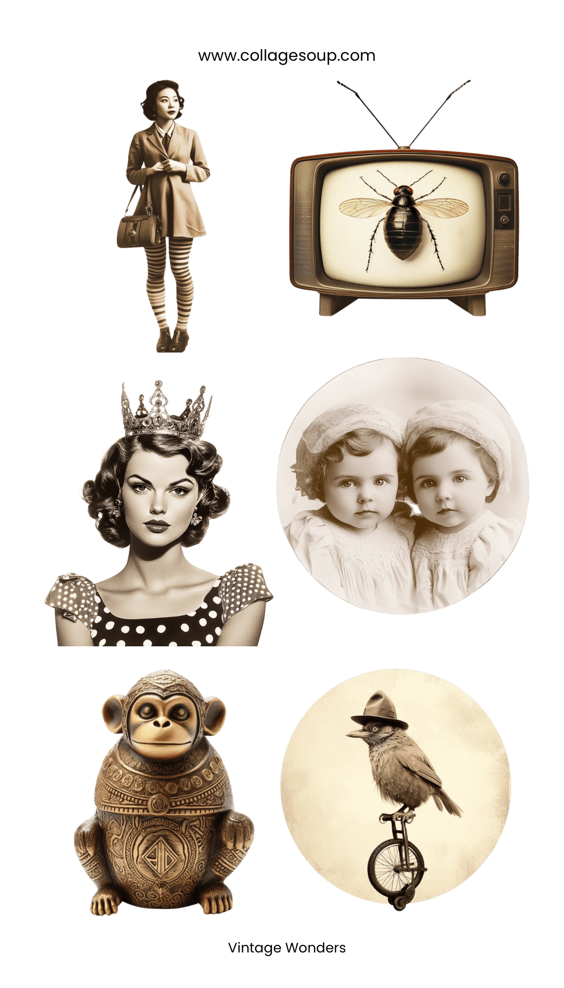 Collage Soup Vintage Wonders – 6 Kiss-Cut Vinyl Stickers (Each 1.75”)
