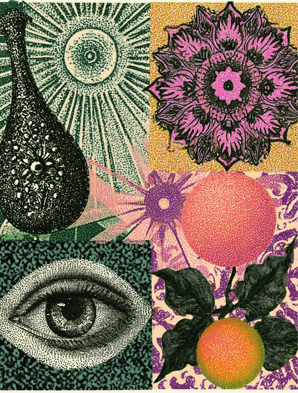 Sample page from Get To The Point: vintage halftone collage of an eye, a mandala flower, a sunburst, a fig and an orange on bold color blocks