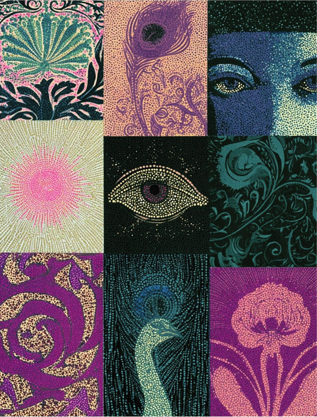 Sample page from Get To The Point: grid of nine dotted collage papers with a peacock feather, an eye, flourishes and a peacock head in teal, purple and coral
