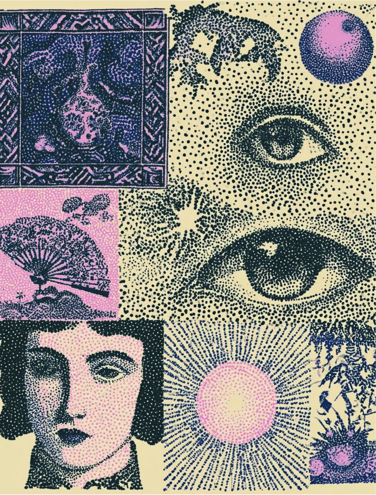 Sample page from Get To The Point: pink and navy dotted collage papers with eyes, a fan, a sunburst and a woman's face on cream