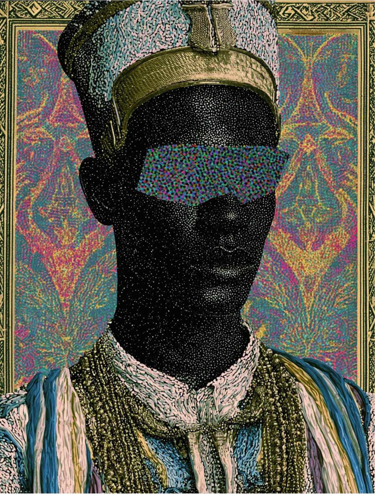 Sample page from Get To The Point: dotted halftone portrait with a colorful patterned band over the eyes against an ornate patterned background
