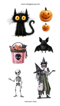 Halloween Vibes kiss-cut vinyl sticker sheet: wide-eyed black cat, carved jack-o'-lanterns, black bat, waving skeleton, pink skull treat bucket and a witch with a crow