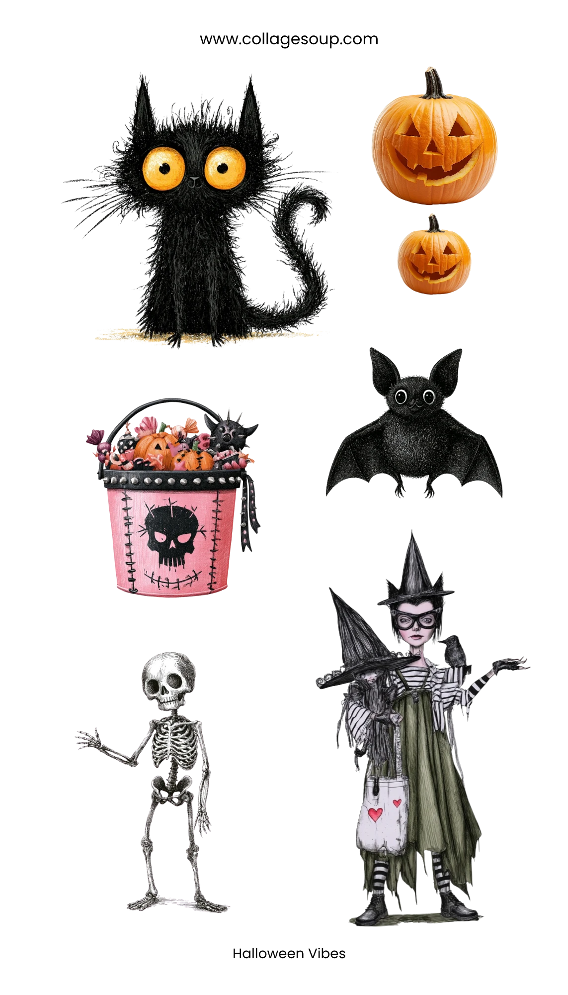 Halloween Vibes kiss-cut vinyl sticker sheet: wide-eyed black cat, carved jack-o'-lanterns, black bat, waving skeleton, pink skull treat bucket and a witch with a crow