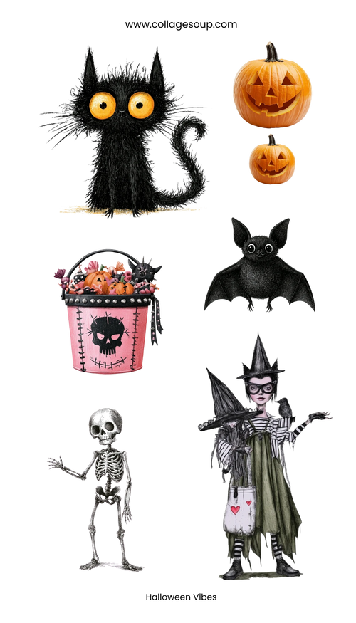 Halloween Vibes kiss-cut vinyl sticker sheet: wide-eyed black cat, carved jack-o'-lanterns, black bat, waving skeleton, pink skull treat bucket and a witch with a crow