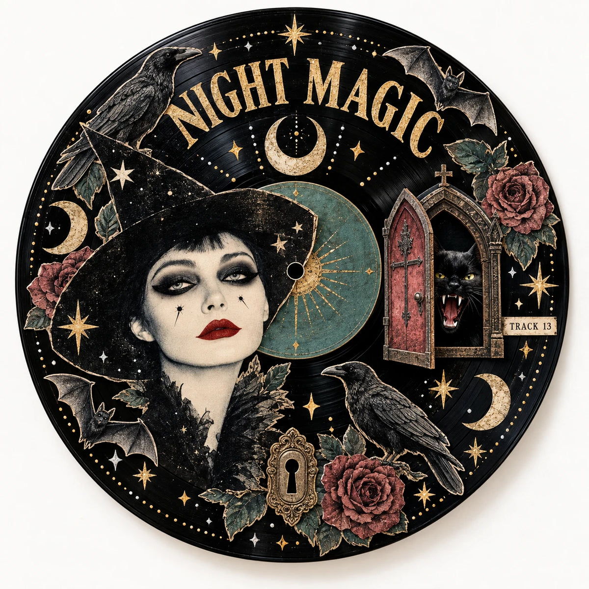 Night Magic — a Halloween vinyl record collage project cover featuring a witch, ravens, bats, moons, and a Track 13 hidden door
