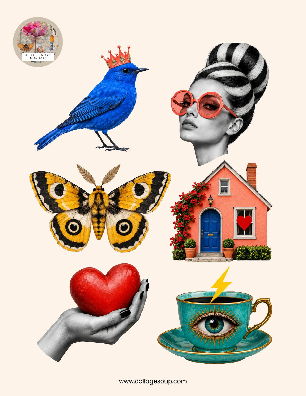 Six bold-color cut-out images on cream: a blue bird in a coral crown, a striped-bun portrait with coral sunglasses, a yellow eyed moth, a coral cottage with a blue door, a hand holding a red heart and a teal teacup with an eye