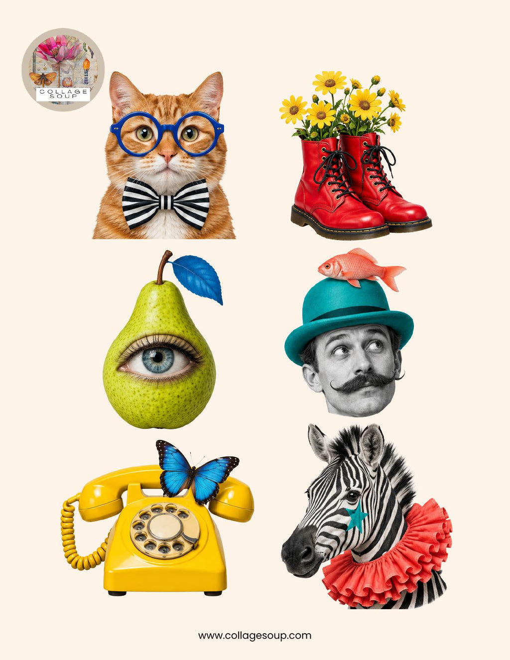 Bold-color cut-outs: an orange cat in blue glasses and striped bow tie, red boots holding yellow daisies, a pear with a blue eye, a man in a teal hat with a fish on top, a yellow rotary phone with a blue butterfly and a zebra in a red ruffle
