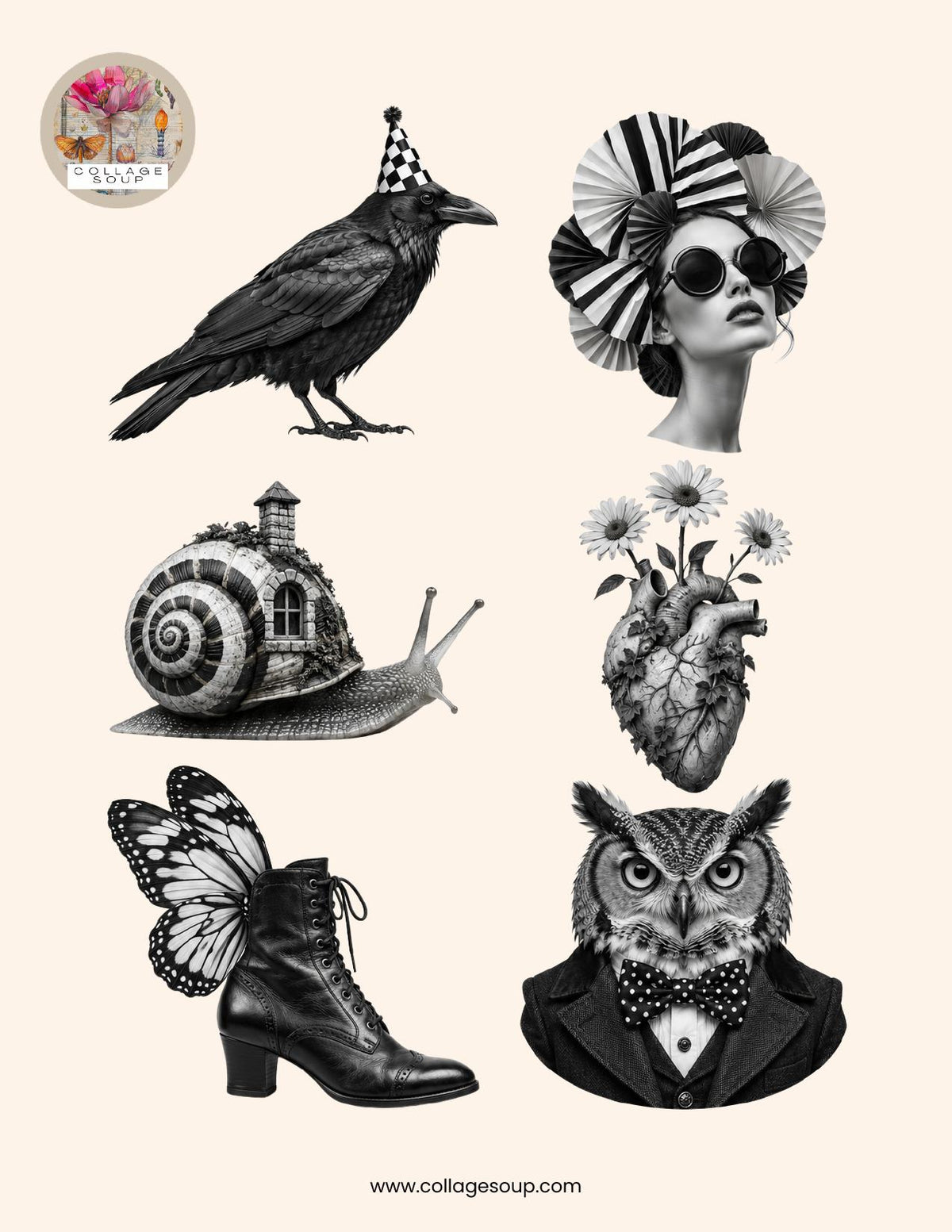 Black-and-white cut-outs: a raven in a checkered party hat, a woman framed by striped paper fans, a snail with a house for a shell, an anatomical heart with daisies, a butterfly-winged lace-up boot and an owl in a polka-dot bow tie