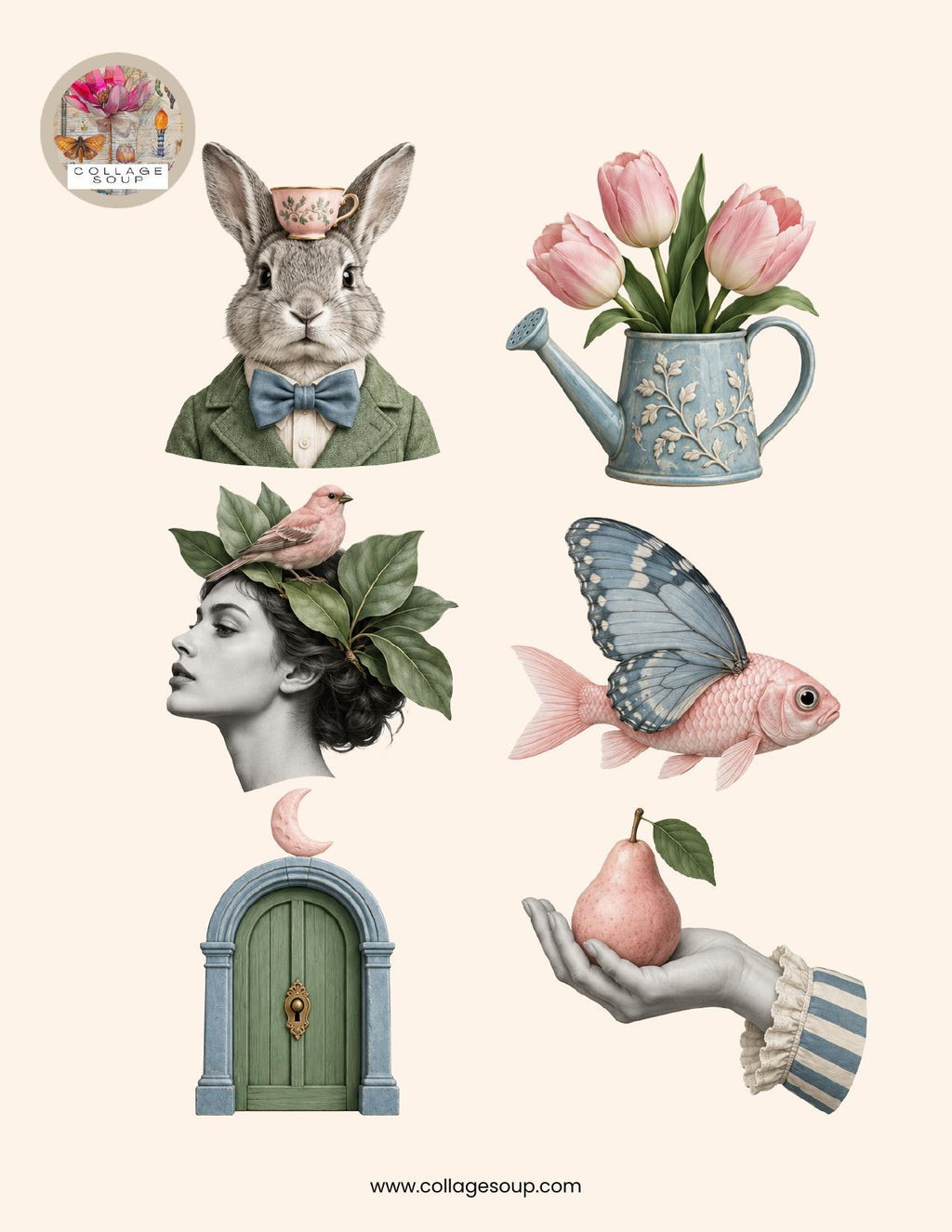 Soft pastel cut-outs: a rabbit with a pink teacup on its head, pink tulips in a blue watering can, a profile with leaves and a pink bird, a pink fish with a blue butterfly wing, a green keyhole door under a pink moon and a hand holding a pink pear