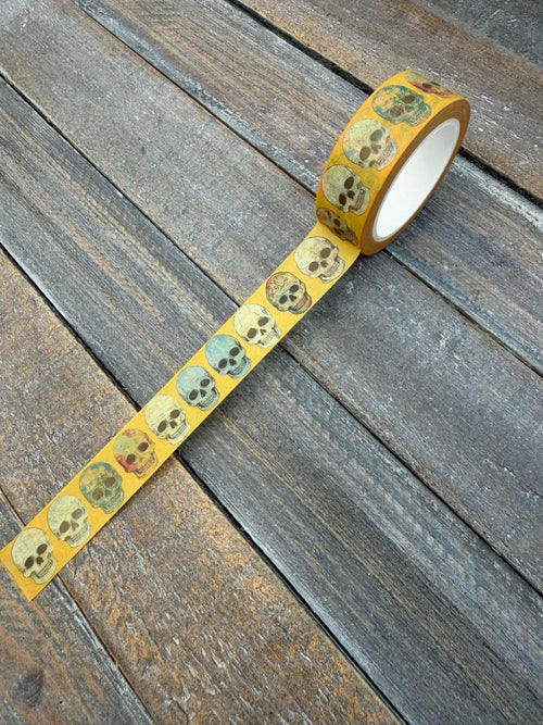 The Bone Parade Washi Tape roll standing on end, showing the skull pattern in close-up detail