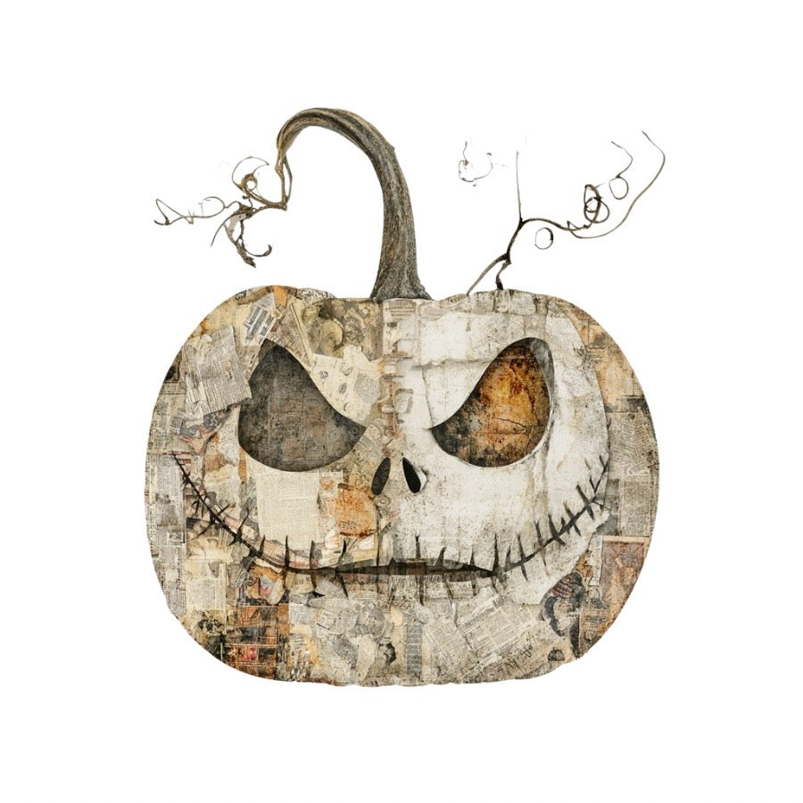 Vellum After Dark Paper Bites — jack-o-lantern with a stitched skull grin made of newspaper collage