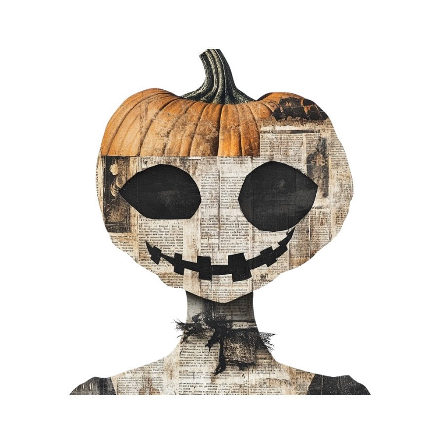 Vellum After Dark Paper Bites — pumpkin-headed figure with black eyes and a zigzag grin in newspaper collage
