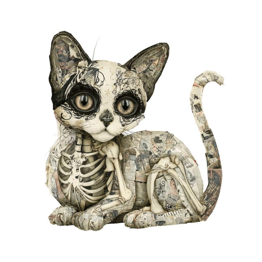 Vellum After Dark Paper Bites — skeleton cat with ink-etched face in vintage paper collage