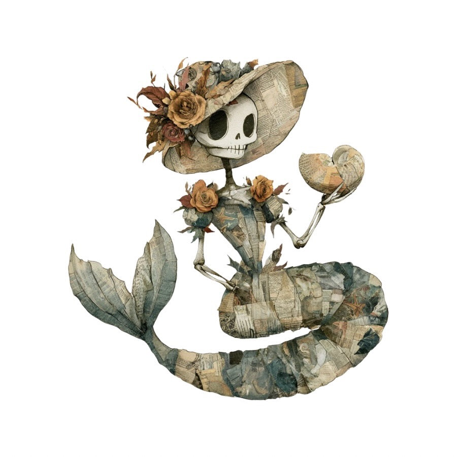 Vellum After Dark Paper Bites — skeleton mermaid in a flowered hat with a newsprint tail