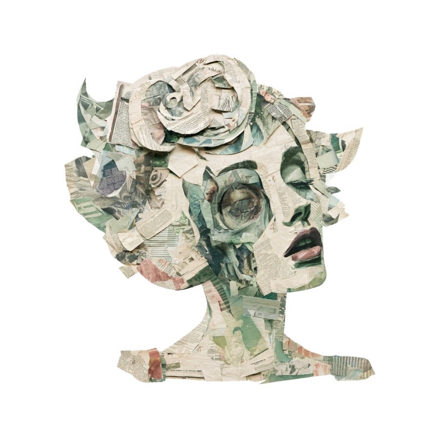Vellum After Dark Paper Bites — woman's profile with a paper-rose hairdo in green collage tones