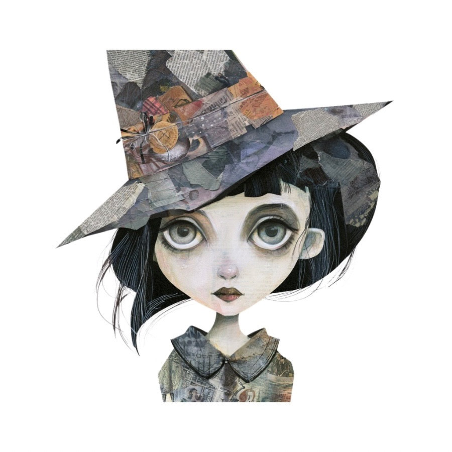 Vellum After Dark Paper Bites — big-eyed witch girl in a collaged pointed hat