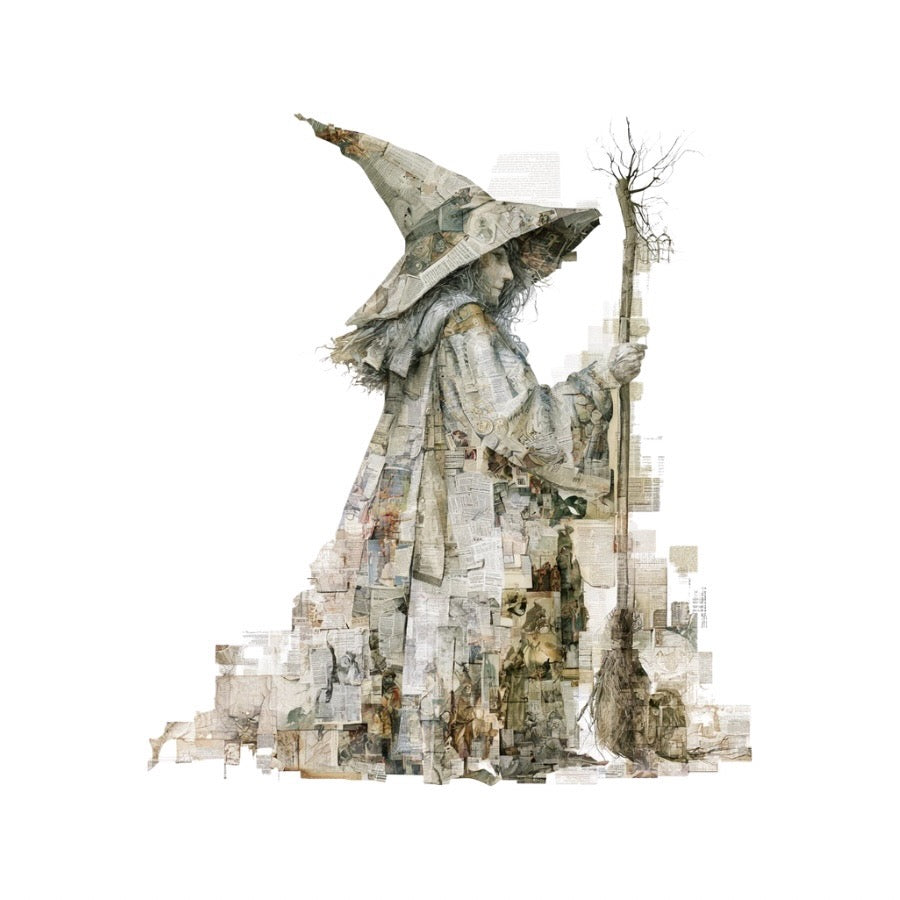 Vellum After Dark Paper Bites — hunched witch with a staff and broom in torn-paper collage