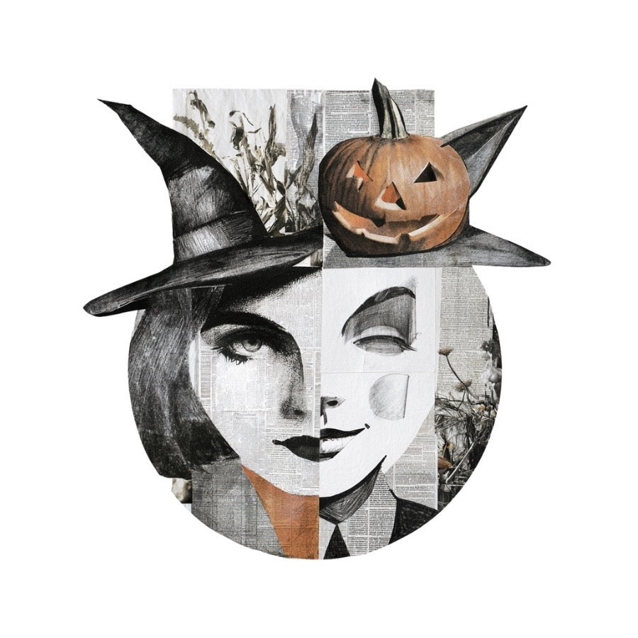 Vellum After Dark Paper Bites — witch with half a face and a jack-o-lantern on her hat
