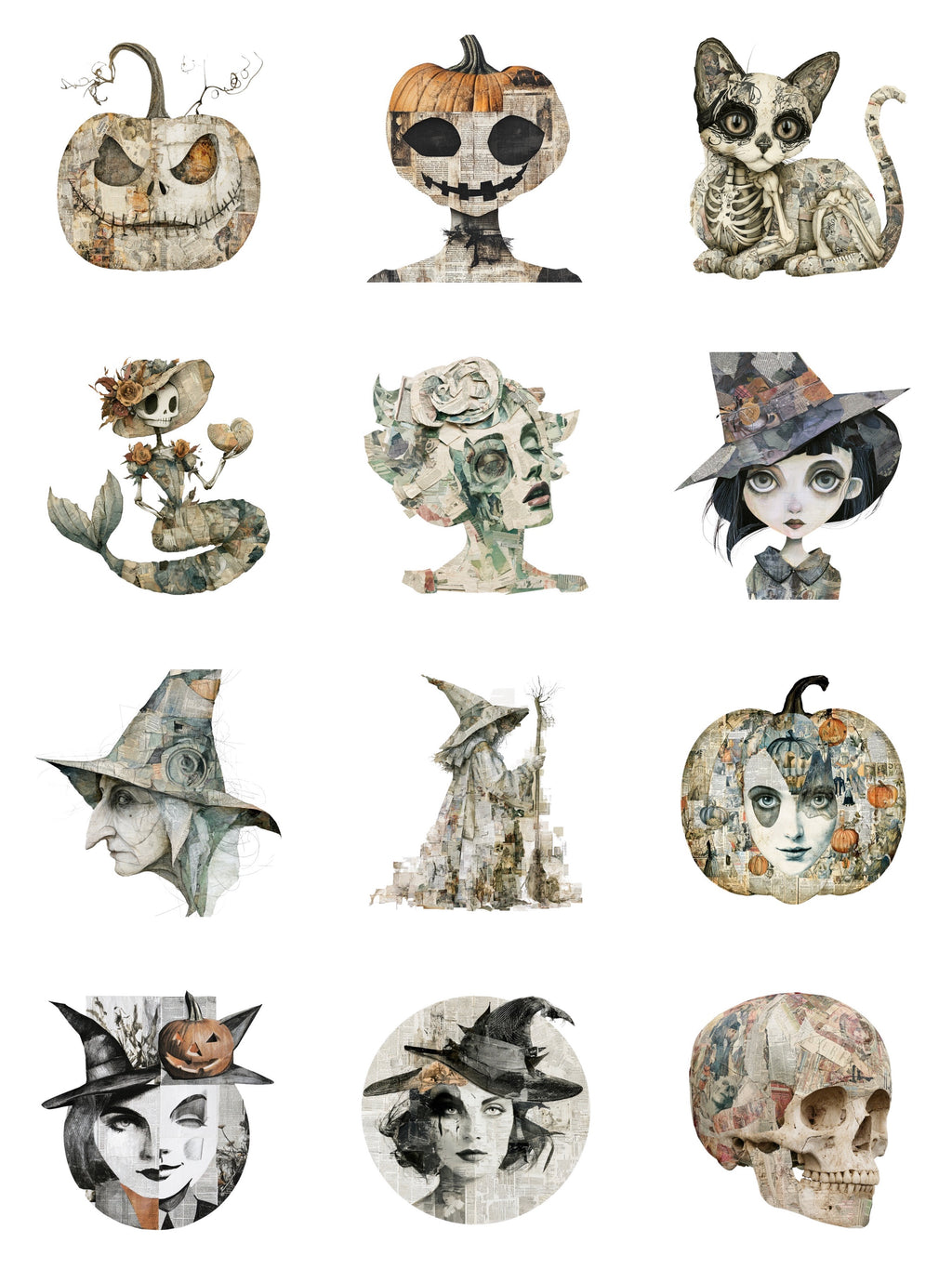 Vellum After Dark Paper Bites — contact sheet of all 12 collage die cuts: pumpkins, witches, a skeleton cat, a skeleton mermaid and a skull