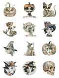 Vellum After Dark Paper Bites — contact sheet of all 12 collage die cuts: pumpkins, witches, a skeleton cat, a skeleton mermaid and a skull