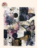 Torn-paper collage in mauve, navy and gold with two purple butterflies, black circle and ink scribbles