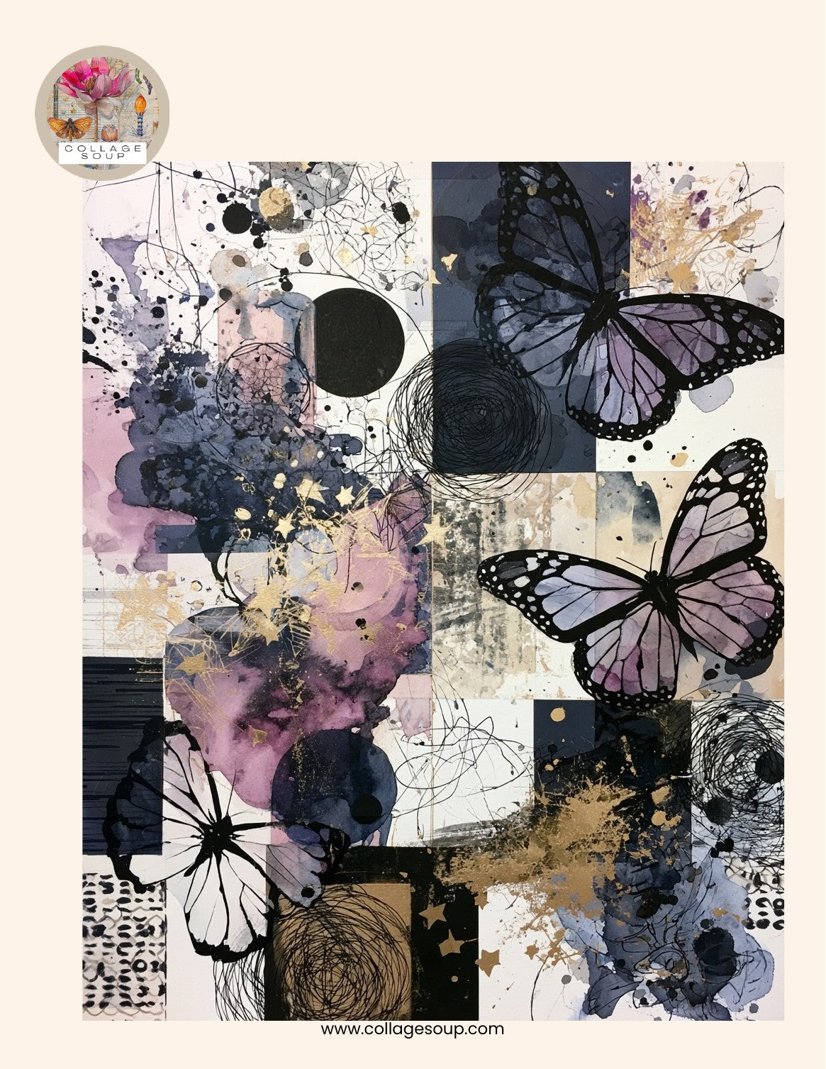 Torn-paper collage in mauve, navy and gold with two purple butterflies, black circle and ink scribbles