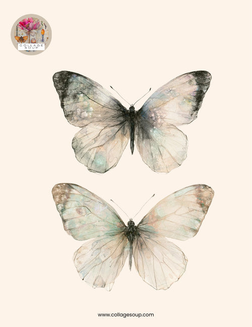 Two delicate pale watercolor butterflies on cream