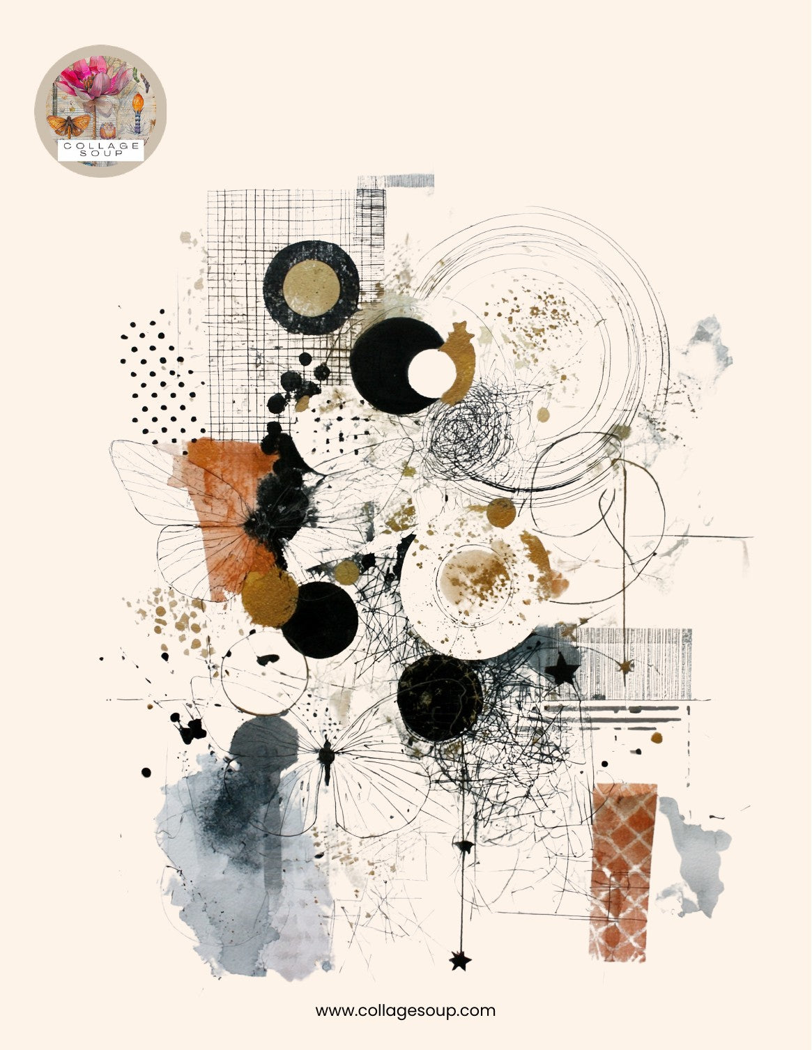 Sparse ink-scribble collage of circles with rust and gold dots and a blue-grey wash