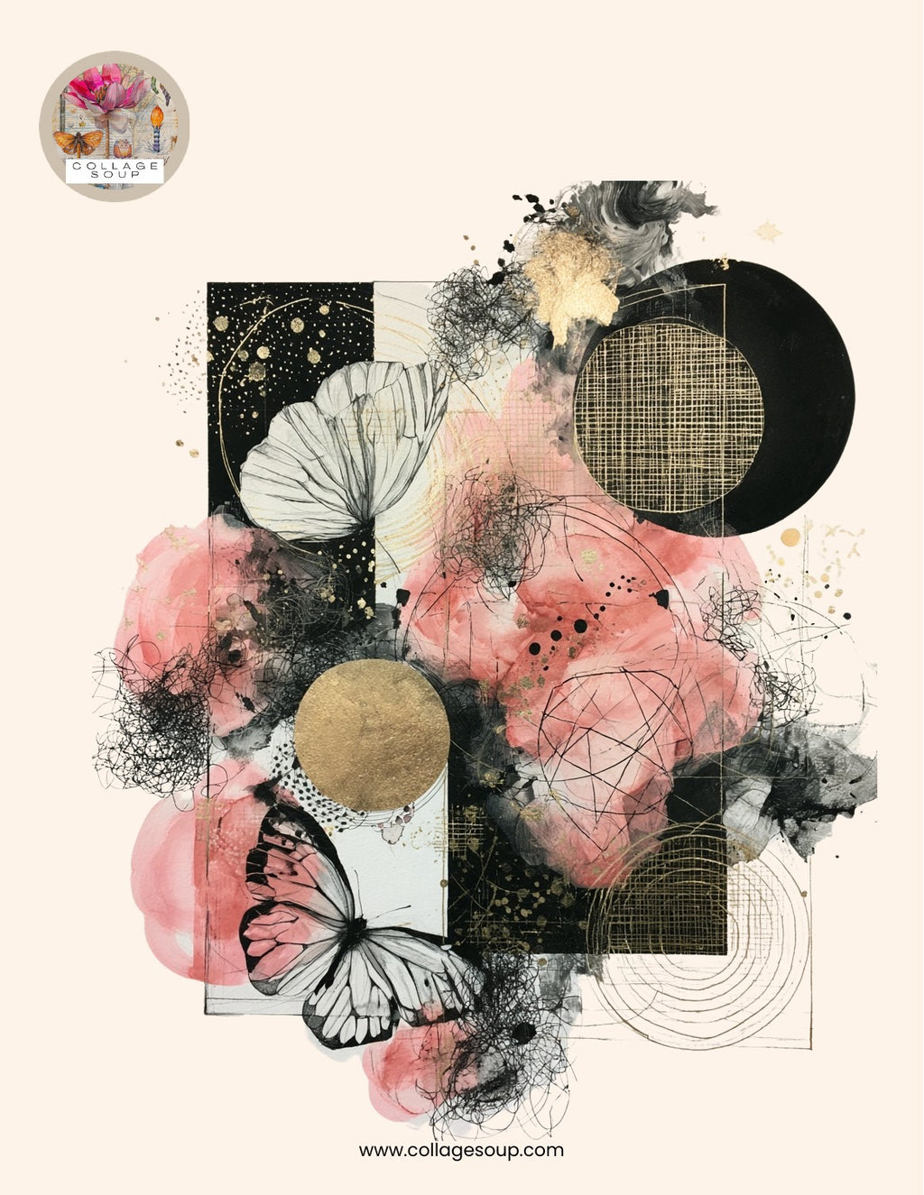 Coral-pink watercolor blooms with gold and black circles, grid textures and a butterfly